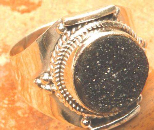 NATURAL BLACK DRUZY 925 STERLING SILVER RING SIZE 6.5
