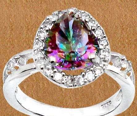 RAINBOW WHITE TOPAZ PEAR CUT 925 STERLING SILVER RING size 7 1/4