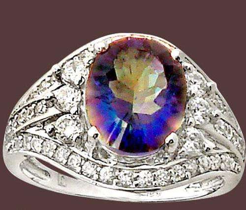 BLUE RAINBOW TOPAZ OVAL CUT AND WHITE TOPAZ .925 STERLING SILVER RING SIZE 6.5