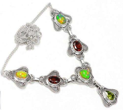 ETHIOPIAN OPAL, GARNET & PERIDOT .925 STERLING SILVER NECKLACE