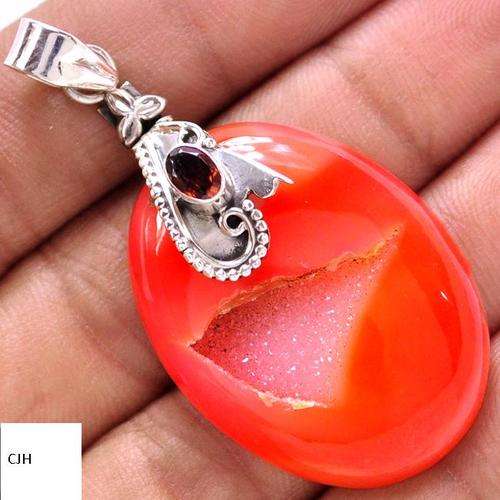 AGATE DRUZY & GARNET .925 STERLING SILVER PENDANT