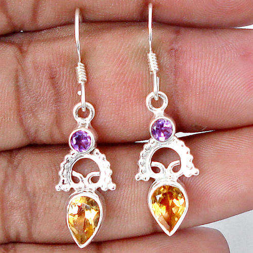 YELLOW CITRINE PEAR AMETHYST .925 STERLING SILVER DANGLE EARRINGS