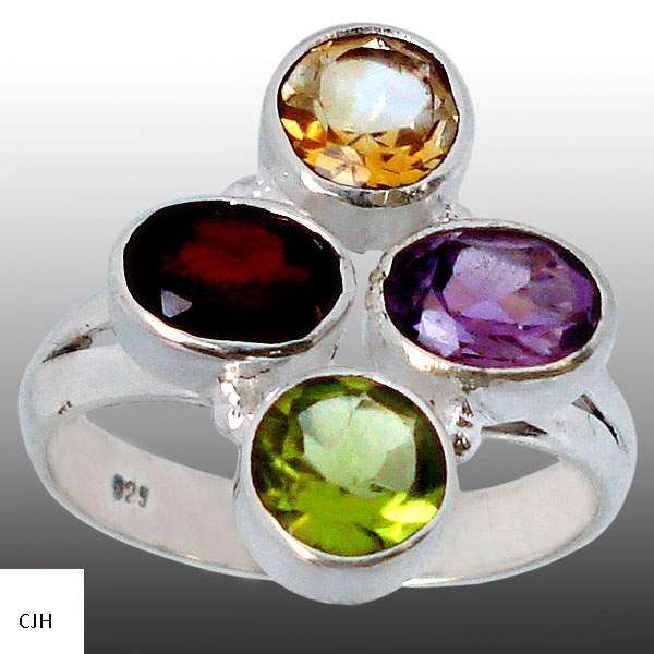 RED GARNET AMETHYST OVAL CITRINE AND PERIDOT .925 STERLING SILVER RING size 7 1/2