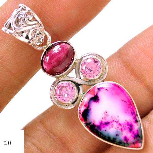 MEXICAN DENTRITE, PINK KUNZITE & GARNET .925 STERLING SILVER PENDANT