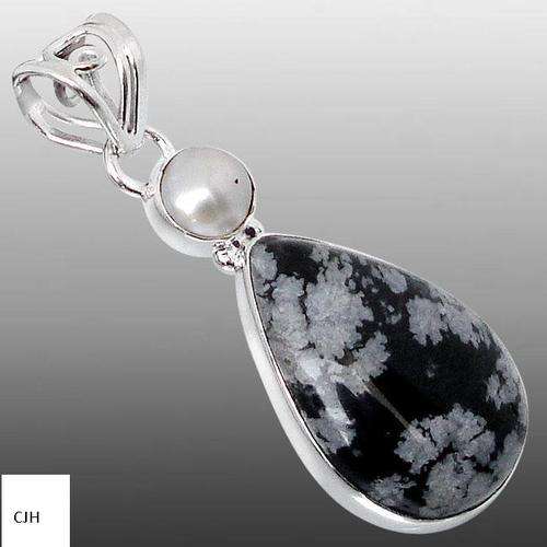 BLACK OBSIDIAN GEMSTONE, PEARL .925 STERLING SILVER PENDANT
