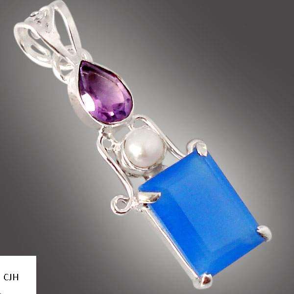 BLUE CHALCEDONY OCTAGON CUT, PEARL AMETHYST .925 STERLING SILVER PENDANT