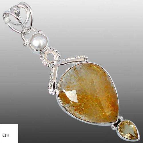 16.47cts GOLD TOURMALINTED QUARTZ CITRINE AND PEARL .925 STERLING SILVER PENDANT