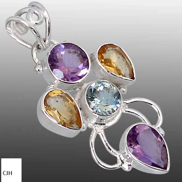 5.59cts PURPLE AMETHYST ROUND CITRINE TOPAZ .925 STERLING SILVER PENDANT