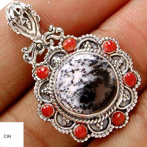DENTRITE OPAL & RED CORAL .925 STERLING SILVER PENDANT
