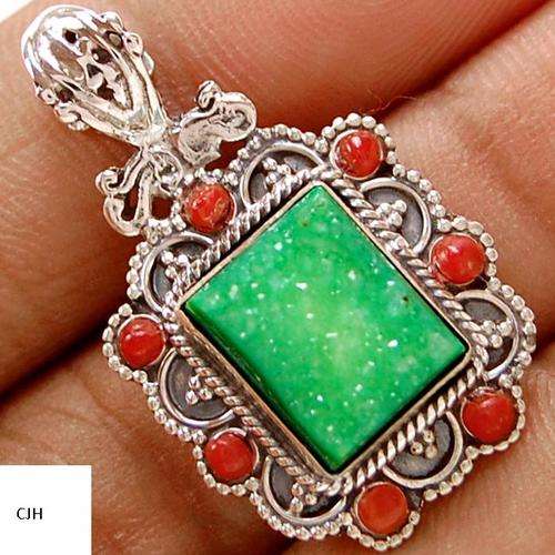 GREEN AGATE DRUZY & RED CORAL .925 STERLING SILVER PENDANT