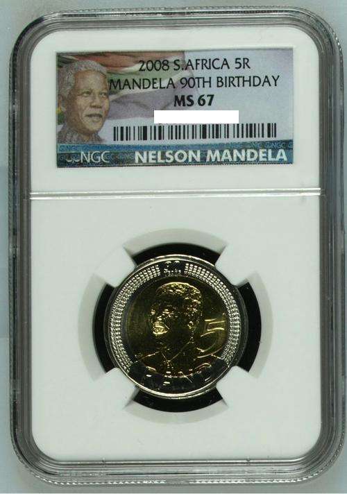 2008 MS 67 NGC Graded HIGH GRADE!!! - Mandela  90th Birthday R5 Coin - New Label.