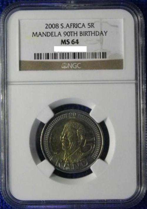 2008 NELSON MANDELA 90TH BIRTHDAY R5 NGC GRADED MS64. SCARCE GRADE!-BID PER COIN