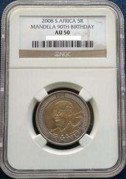 ABOUT UNCIRCULATED: NELSON MANDELA 90th BIRTHDAY 2008 R5 COIN AU50 ***RARE NGC GRADE***