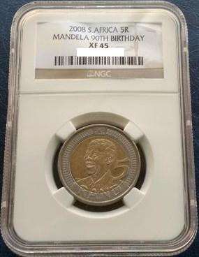 2008 *** XF 45 *** NELSON MANDELA 90th BIRTHDAY R5 - NGC GRADED - RARE GRADE!!!
