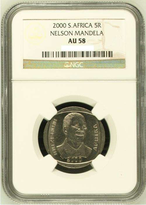 2000 RSA NGC GRADED NELSON MANDELA R5 COIN-SMILEY FACE ***AU58***
