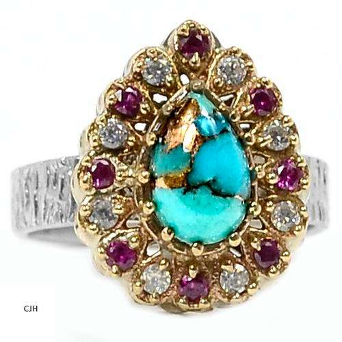 COPPER BLUE TURQUOISE, PINK KUNZITE AND WHITE TOPAZ .925 STERLING SILVER RING SIZE 7