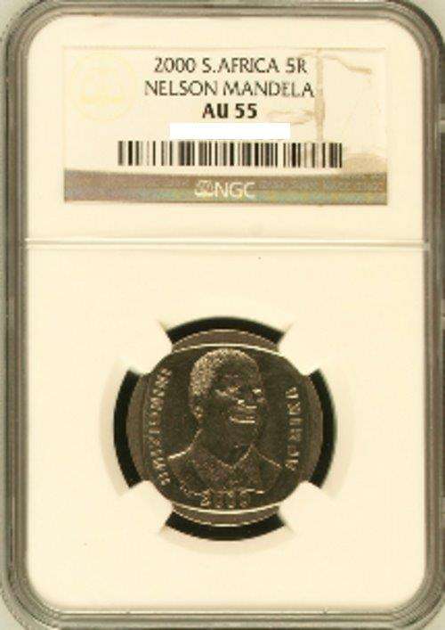 2000 RSA NGC GRADED NELSON MANDELA R5 COIN-SMILEY ***AU55***