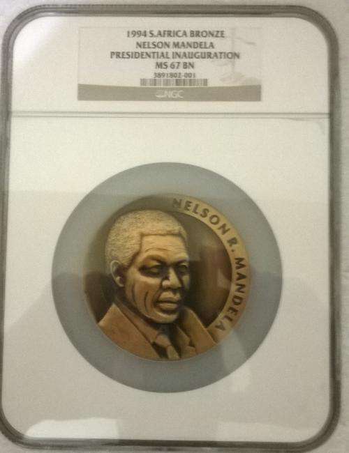 HUGE NELSON MANDELA GRADED 5oz. BRONZE MEDAL 1994 INAUG. NGC GRADED MS 67 BN