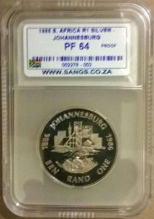1986 RSA SILVER JOHANNESBURG R1 SANGS GRADED PROOF 64