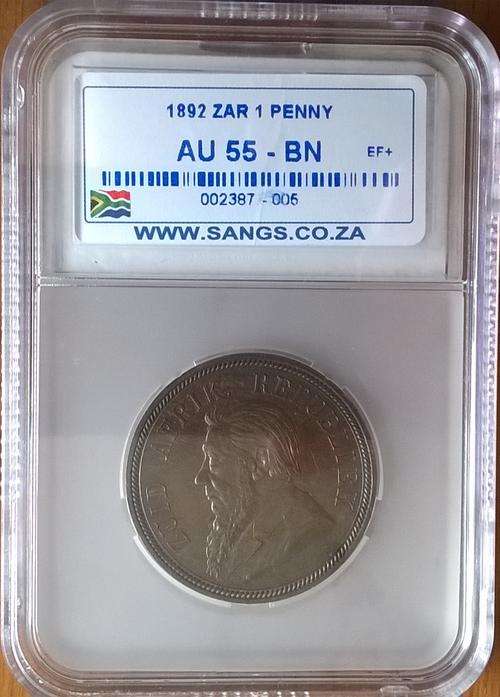 1892 ZAR 1 PENNY SANGS SLABBED AU 55 BN HERNS VALUE IN EF R4000.00