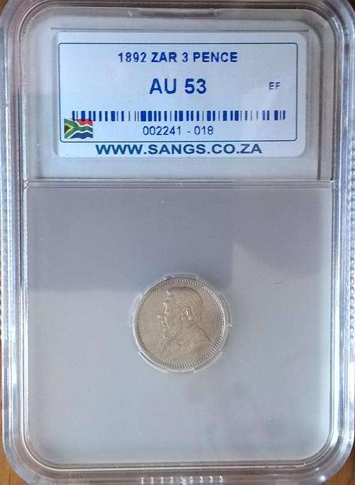 1892 ZAR 3 PENCE SANGS SLABBED AU 53 HERNS VALUE IN EF R16 250.00. JUST 28300 COINS MINTED