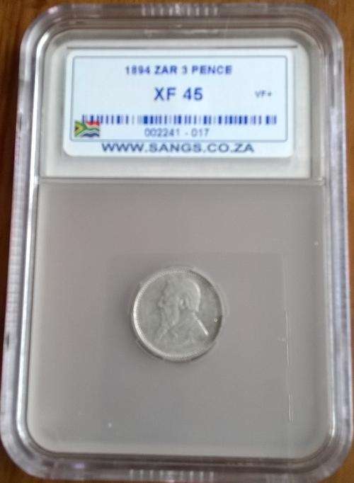 1894 ZAR 3 PENCE SANGS SLABBED XF 45