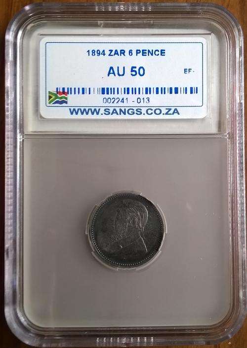 1894 ZAR 6 PENCE SANGS SLABBED AU50. HERNS VALUE IN EF R9500.00