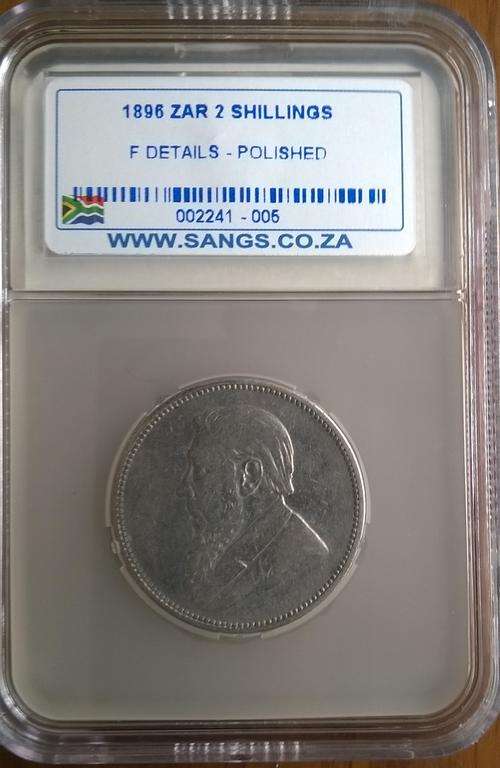 1896 ZAR 2 SHILLINGS SANGS SLABBED F DETAILS