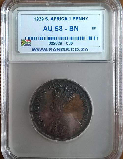 1929 SA UNION 1 PENNY SANGS GRADED AU 53 BN  HERNS VALUE R1000.00