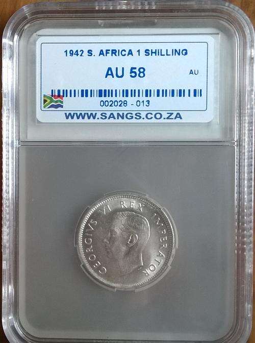 1942 SILVER SA UNION 1 SHILLING SANGS GRADED AU 58  HERNS VALUE R 825.00