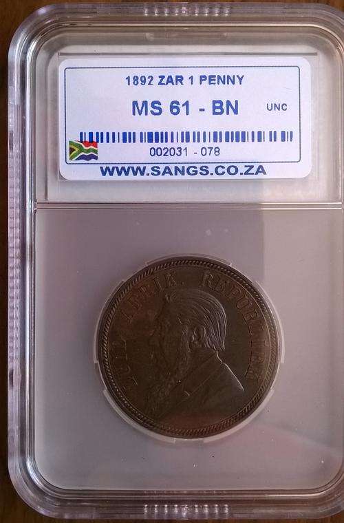 1892 ZAR 1 PENNY SANGS SLABBED MS 61 BN HERNS VALUE IN MINT STATE R 22 000.00