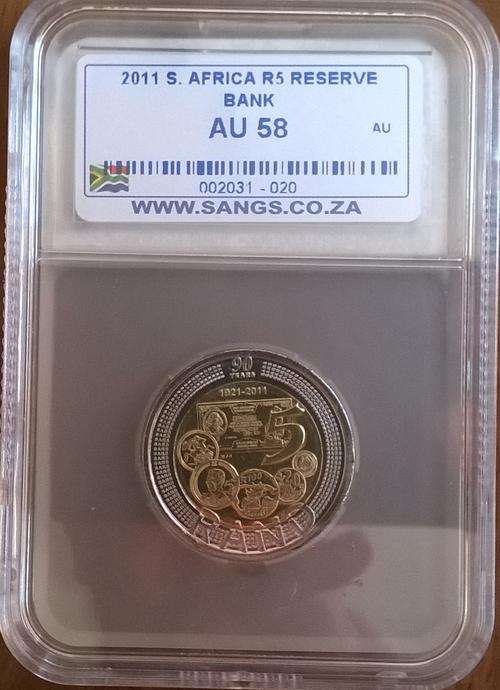 2011 RSA 5 RAND 90TH ANNIVERSARY 0F THE RESERVE BANK SANGS GRADED AU 58