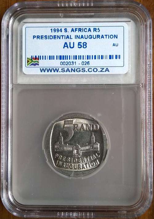 1994 Presidential Inauguration R5 Coin Sangs Graded AU 58
