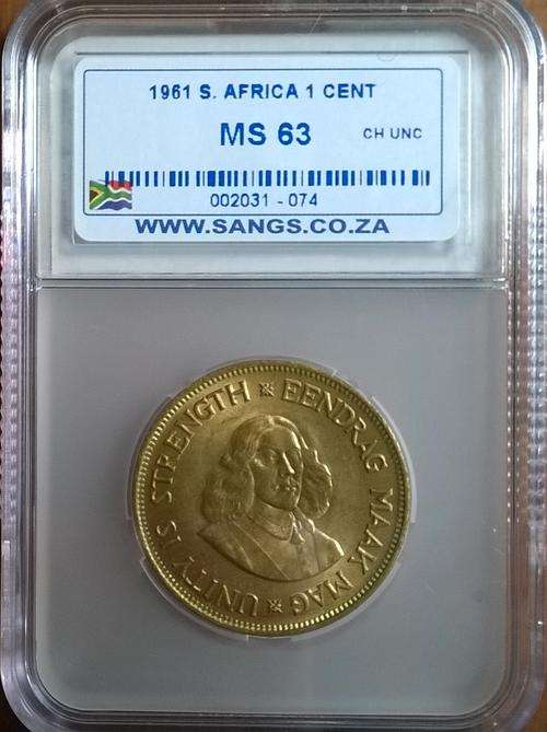 1961 RSA 1 CENT SANGS SLABBED MS 63
