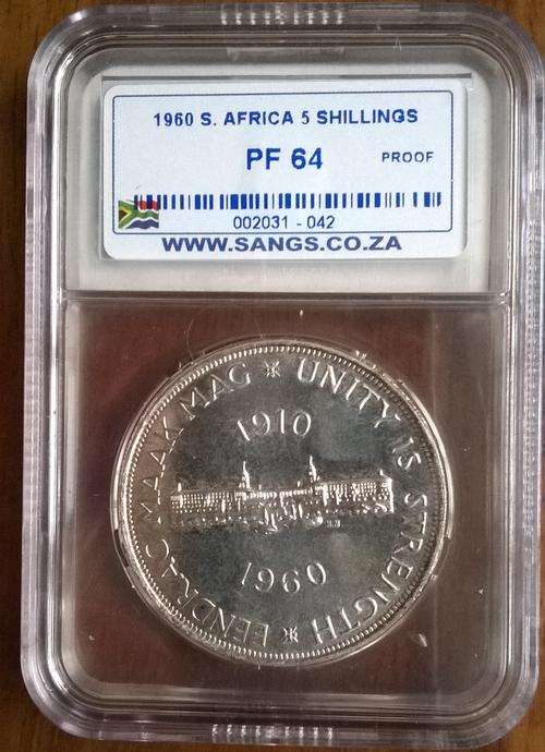 1960 UNION OF SA SILVER 5 SHILLING SANGS GRADED PROOF 64