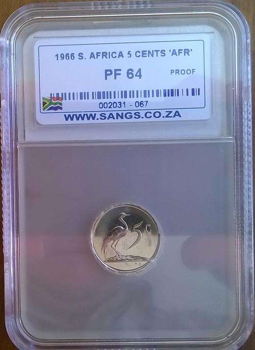 1966 RSA AFRIKAANS 5 CENT SANGS SLABBED PROOF 64