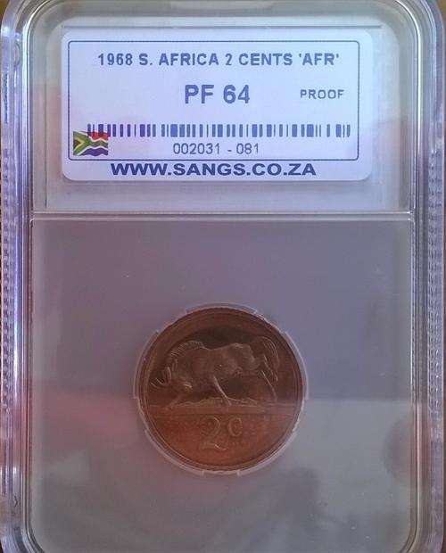 1968 RSA AFRIKAANS 2 CENT SANGS SLABBED PROOF 64