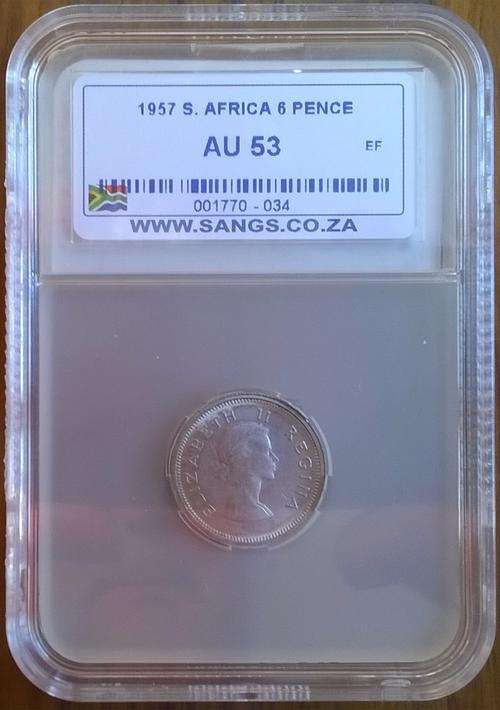 1957 SA SILVER 6 PENCE SANGS SLABBED AU 53