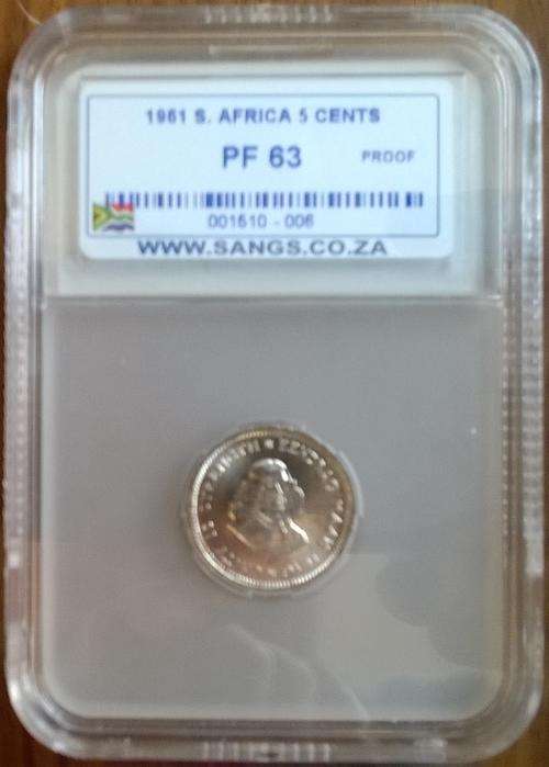 1961 RSA SILVER 5 CENTS SANGS SLABBED PROOF 63