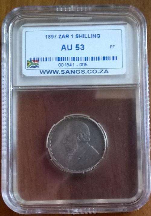 1897 ZAR SILVER 1 SHILLING SANGS SLABBED AU 53 HERNS VALUE R1850.00