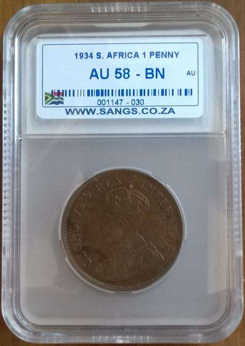 1934 SA UNION 1 PENNY SANGS SLABBED AU 58 BN  HERNS VALUE R1625.00