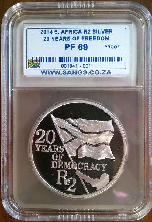 2014 SA 20 Years of Democracy R2 Sterling Silver Crown SANGS Graded Proof 69