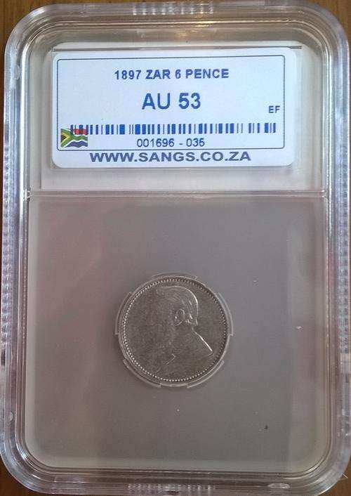 1897 ZAR SILVER 6P SANGS SLABBED AU 53  HERNS VALUE R1000.00