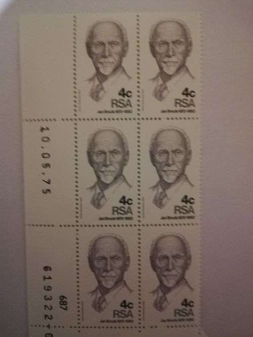 RSA 1975: 105th ANNIVERSARY OF BIRTH OF JAN SMUTS 4c CONTROL BLOCK OF 6 UMM (SACC383)