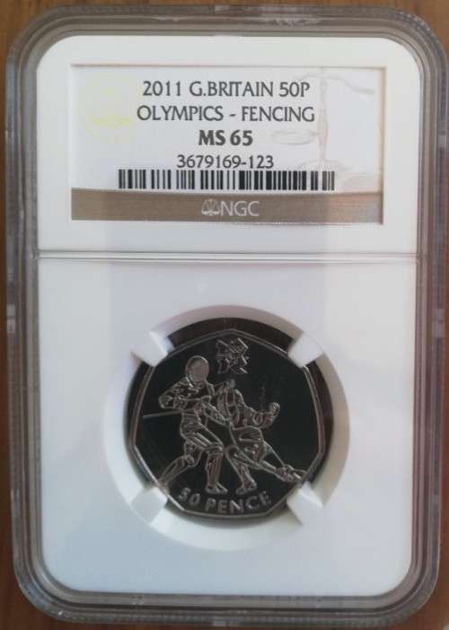 G.BRITAIN 2011 50P  OLYMPICS FENCING NGC GRADED MS65