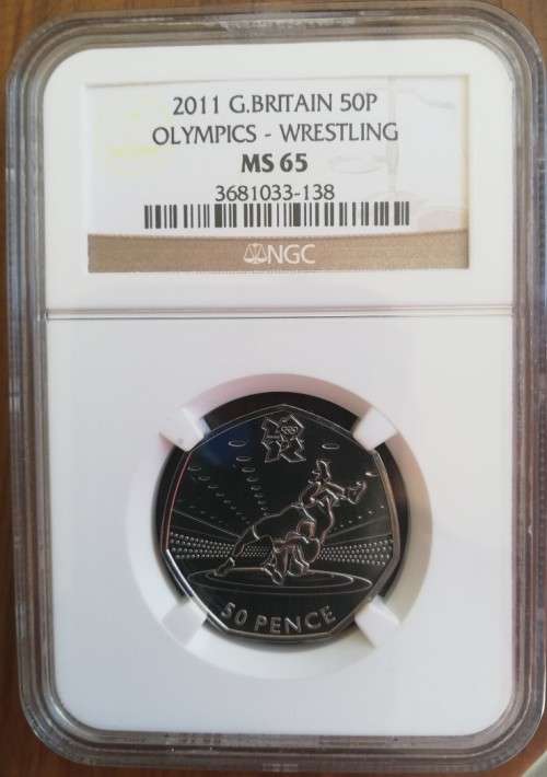G.BRITAIN 2011 50P  OLYMPICS WRESTLING NGC GRADED MS65