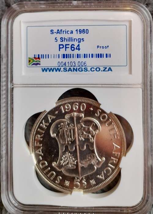 1960 UNION OF SA SILVER 5 SHILLING SANGS GRADED PROOF 64