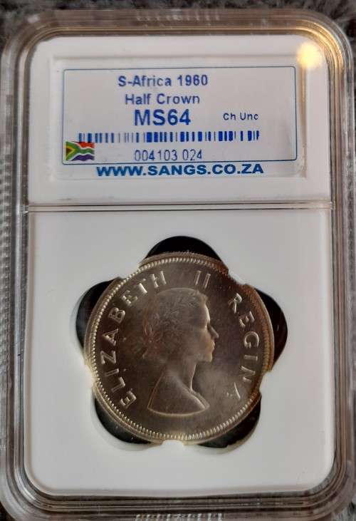 1960 UNION OF SA SILVER HALF CROWN/TWO AND A HALF SHILLINGS SANGS GRADED MS 64
