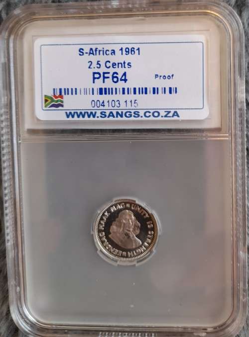 SA 1961 SILVER TWO AND A HALF CENT GRADED BY SANGS PROOF 64