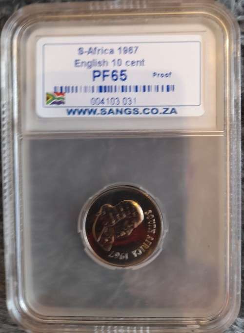 1967 SA ENGLISH 10 CENT SANGS SLABBED PROOF 65